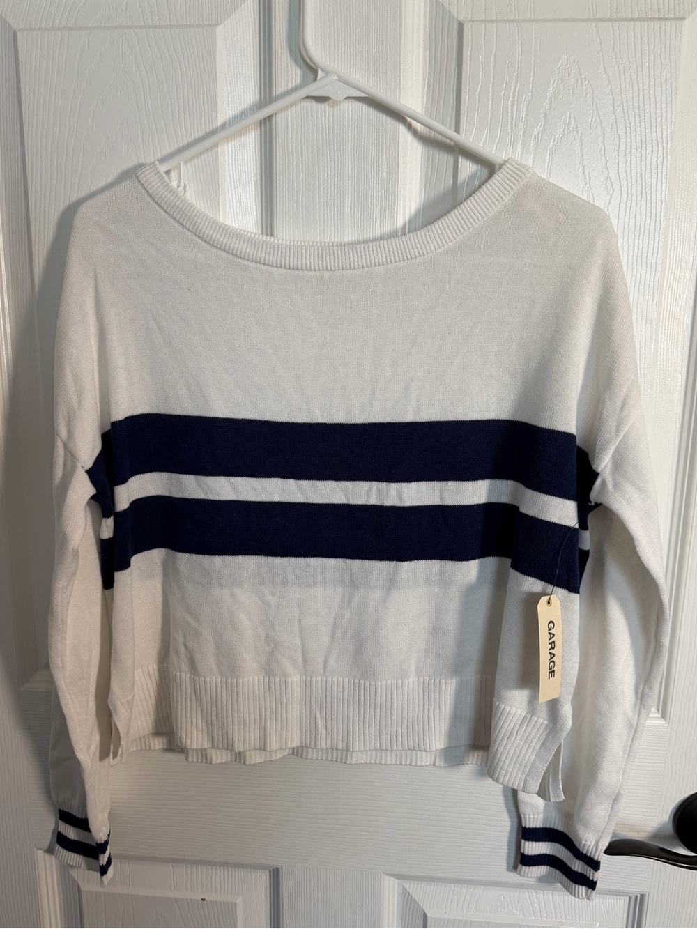 Garage White Knit Sweater Top with Navy Stripes XS NWT